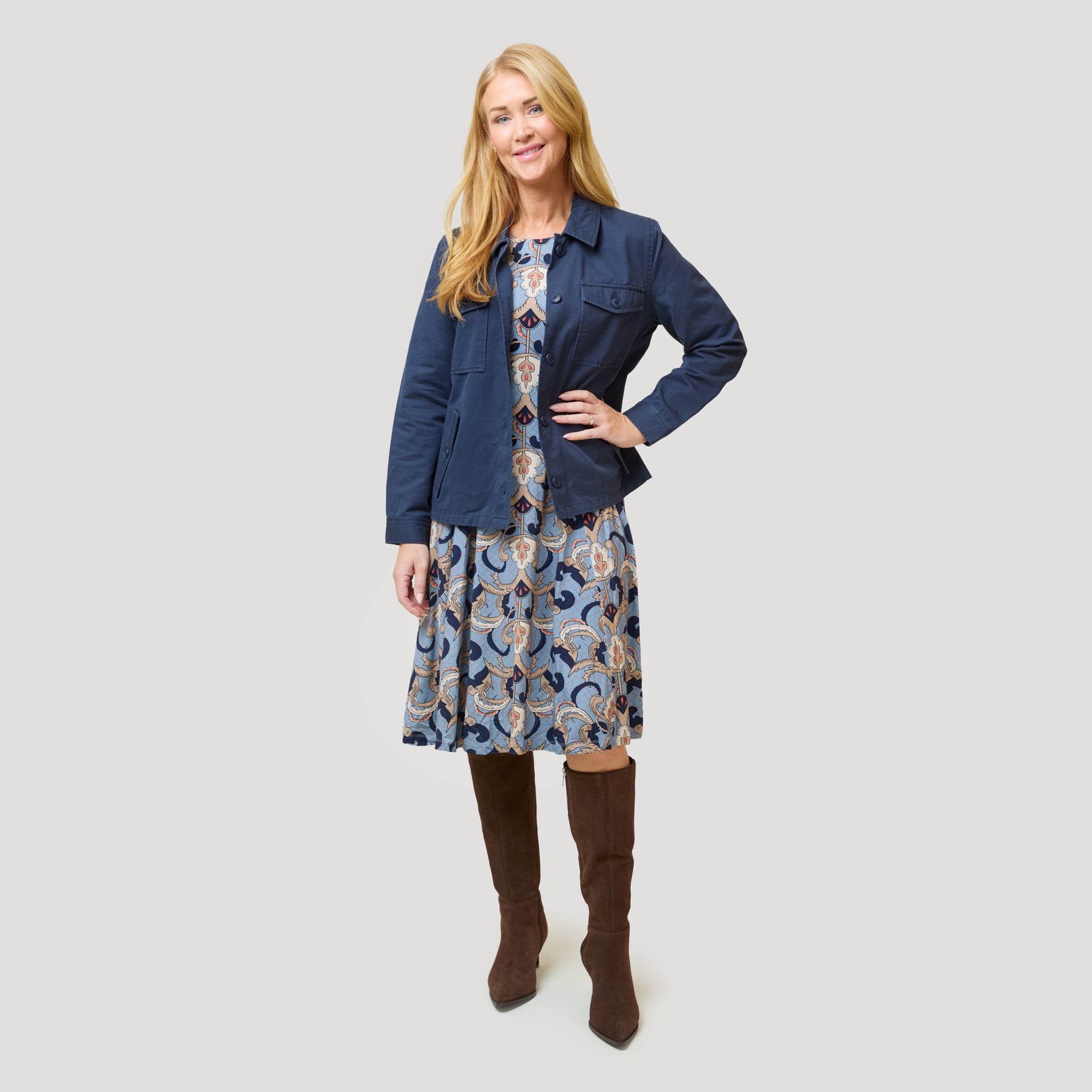 Trikoomekko tummansinisen overshirtin alla