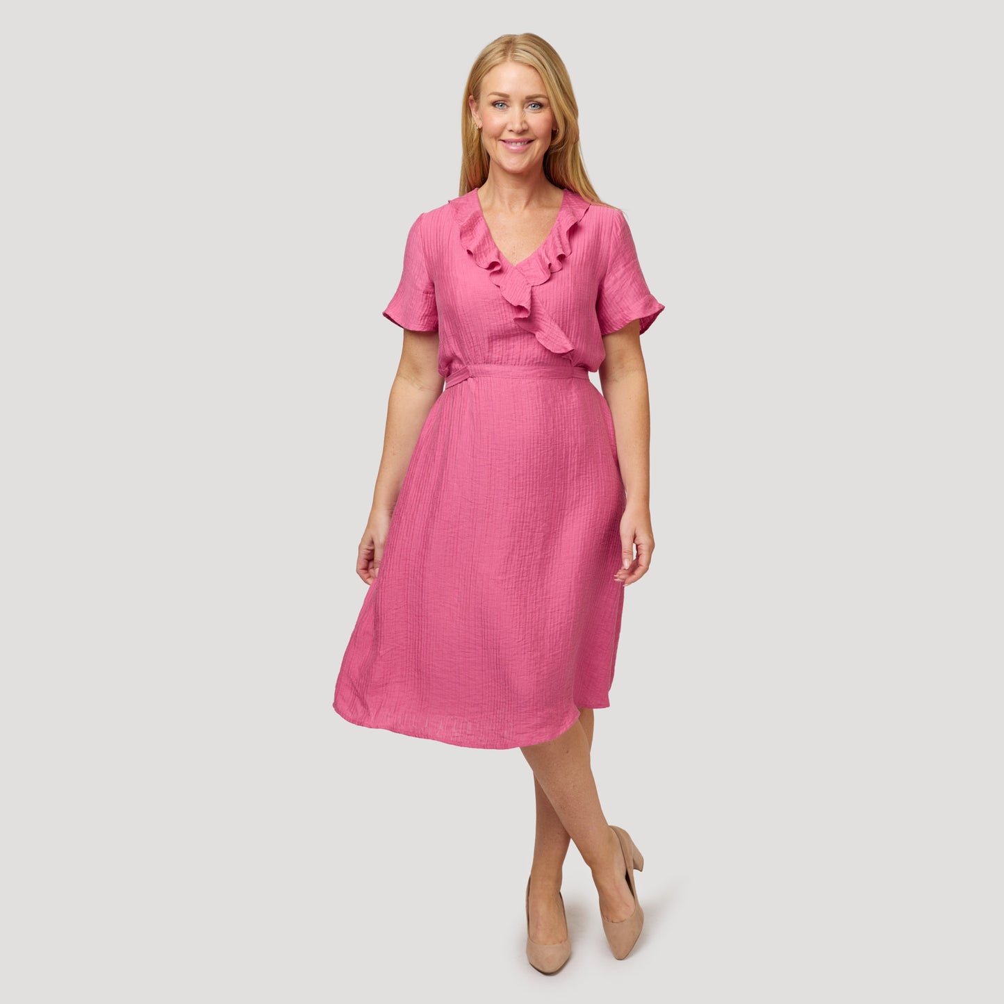 Rosa omlottklänning med volanger